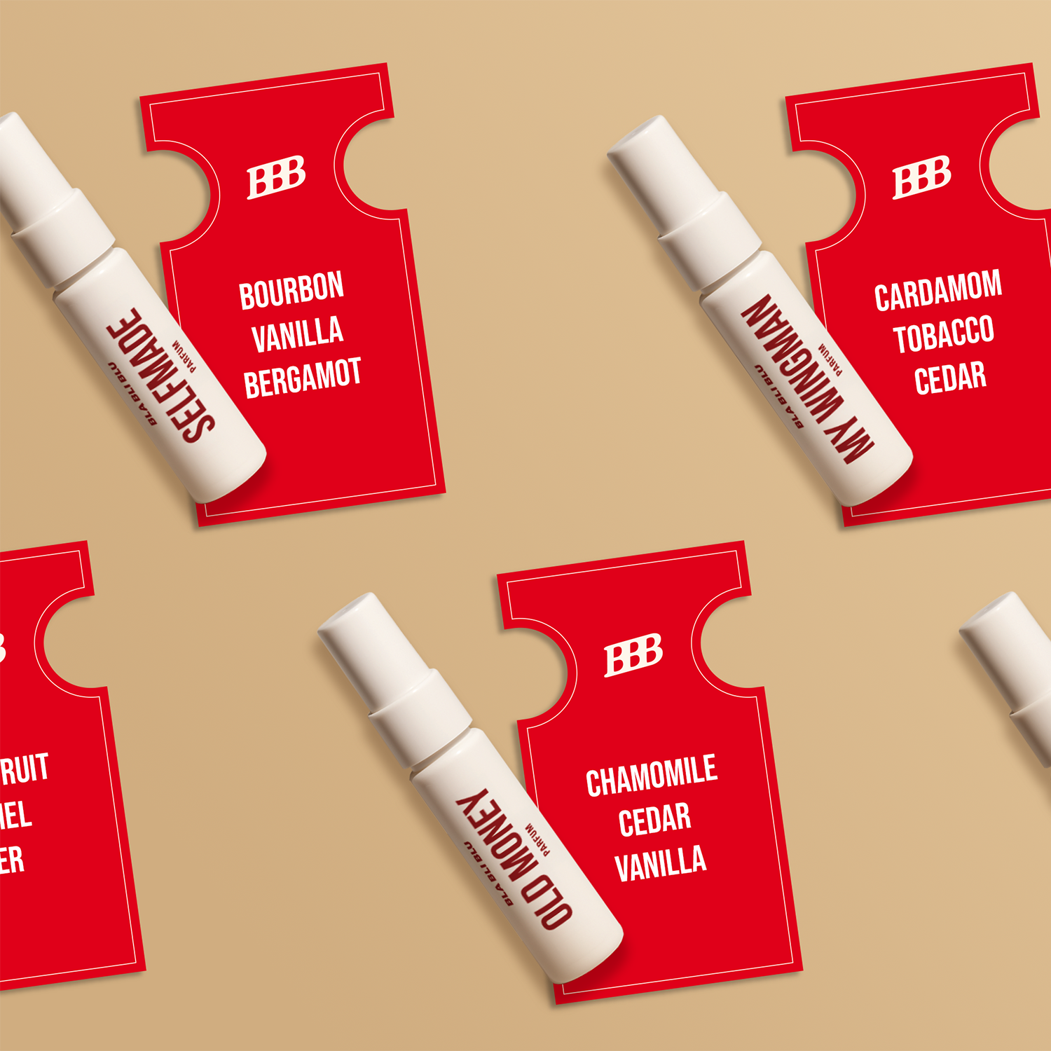 Red and white perfume bottles with labels on a beige background