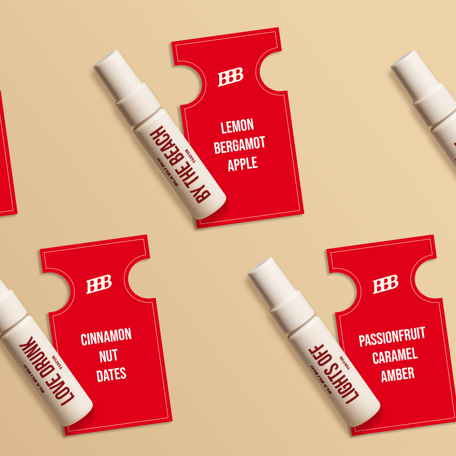 Red and white perfume bottles with labels on a beige background