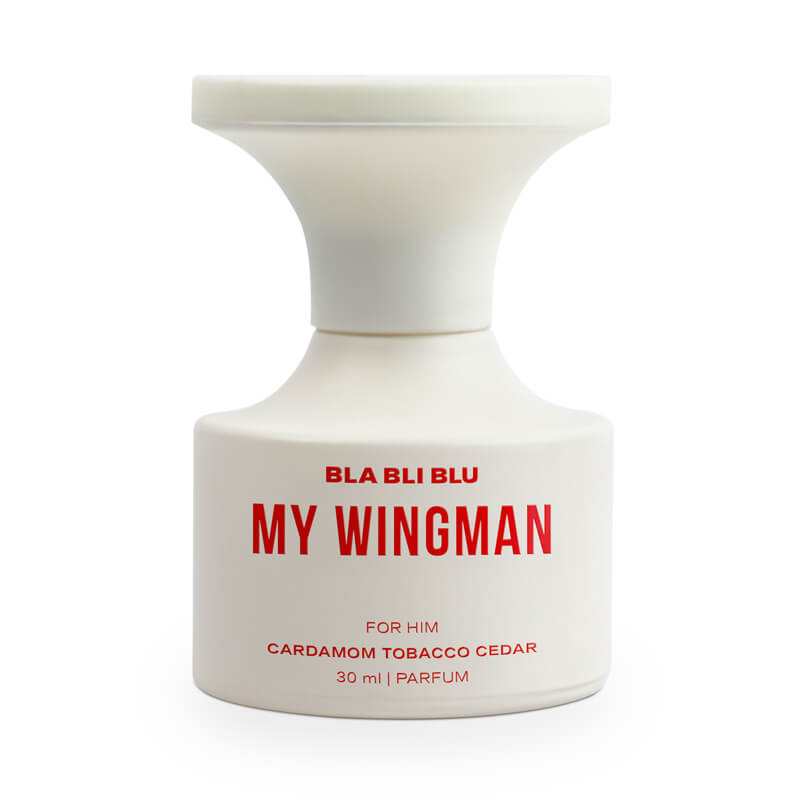 Perfume bottle labeled 'My Wingman' by BLA BLI BLU on a white background