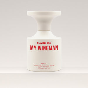 Perfume bottle labeled 'My Wingman' by BLA BLI BLU on a white background