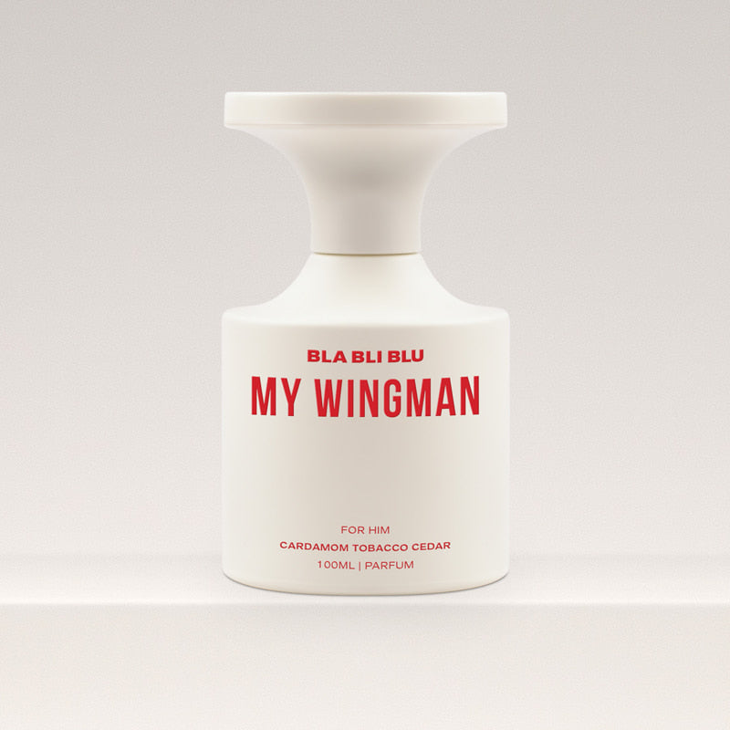 Perfume bottle labeled 'My Wingman for men ' by BLA BLI BLU on a white background