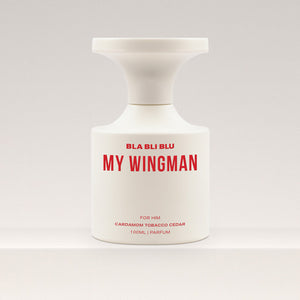 Perfume bottle labeled 'My Wingman for men ' by BLA BLI BLU on a white background