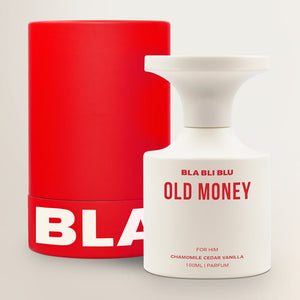 Red container and white perfume bottle with 'BLA BLI BLU' branding on a light gray background