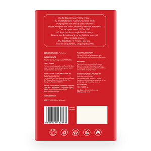 Back of a red perfume packaging with text and barcode on a white background