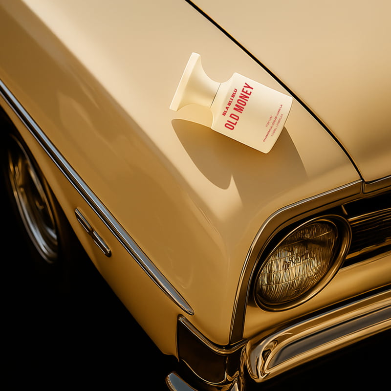 Vintage car with a bottle of Old money Perfume the hood,