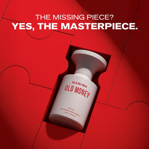 White bottle labeled 'Old Money' on a red background with text 'The Missing Piece? Yes, The Masterpiece.'