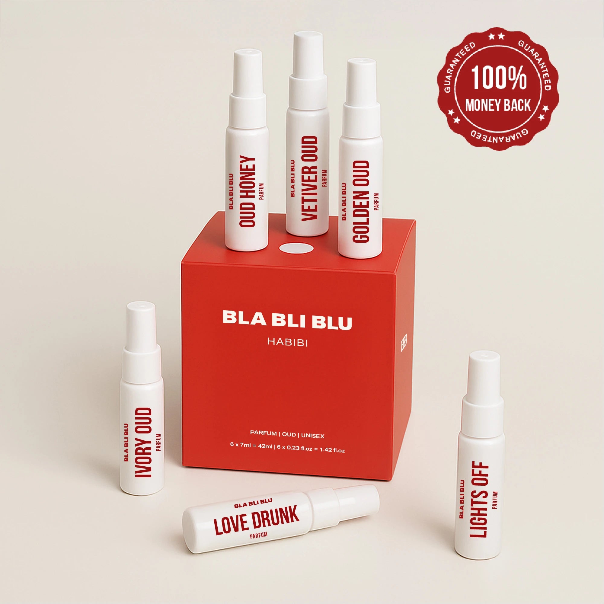 Set of BLA BLI BLU perfume bottles and packaging on a beige background with a money-back guarantee badge.