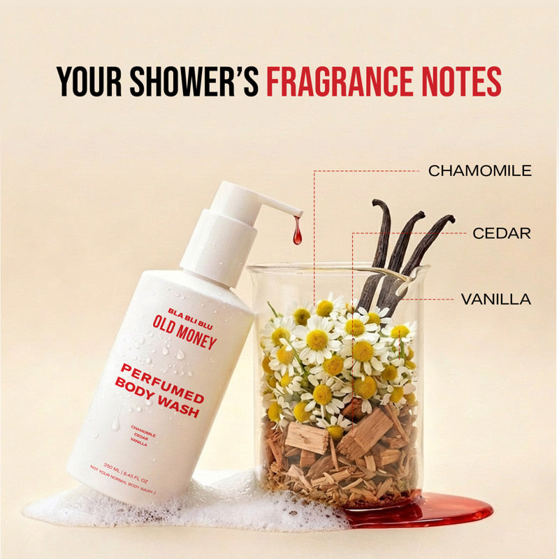 Body wash bottle with floral and wood elements on a beige background