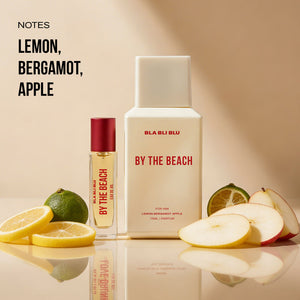 Perfume bottle labeled By the Beach  with lemon.