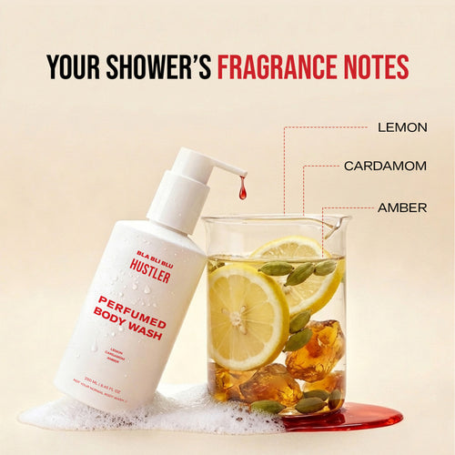 Perfumed body wash bottle with a glass of water.