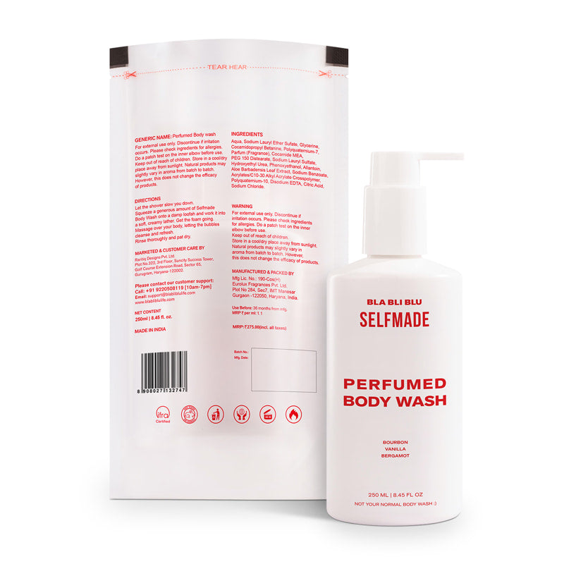 Perfumed body wash bottle with packaging displaying 'BLA BLU BLU.