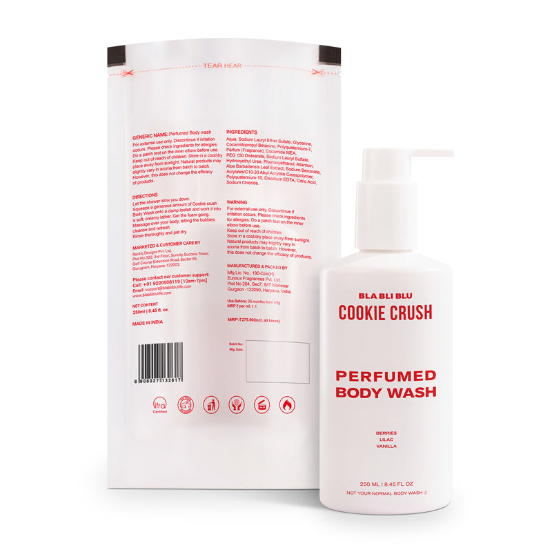 Perfumed body wash bottle with packaging displaying 'Cookie Crush' and brand name on a white background