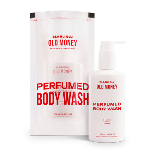 Perfumed body wash packaging with 'Old Money' branding on a white background