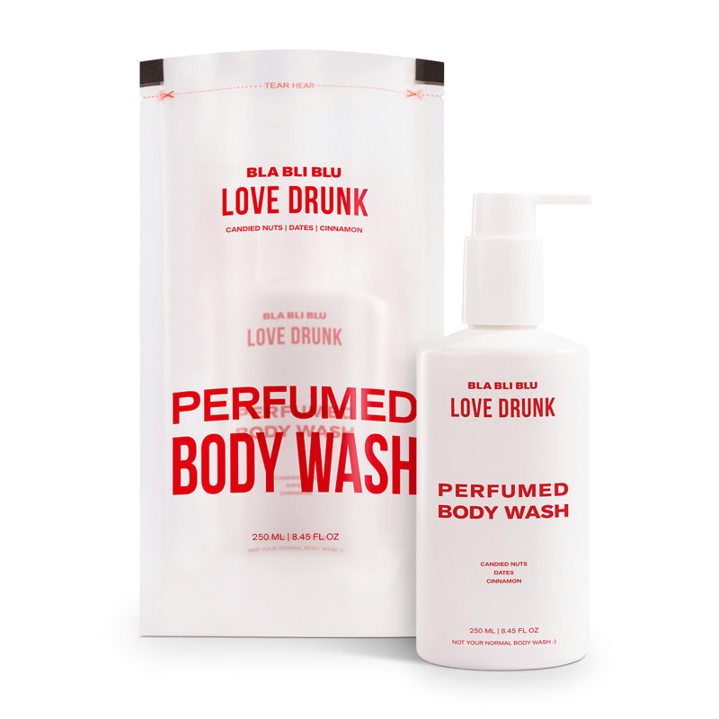 Perfumed body wash packaging with red text on a white background