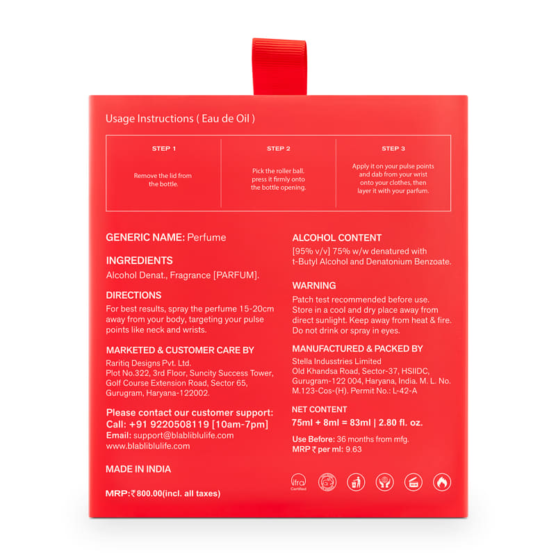 Red perfume bottle packaging with usage instructions.