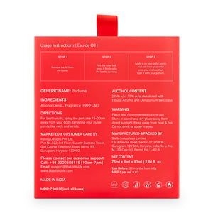 Red perfume bottle packaging with usage instructions.