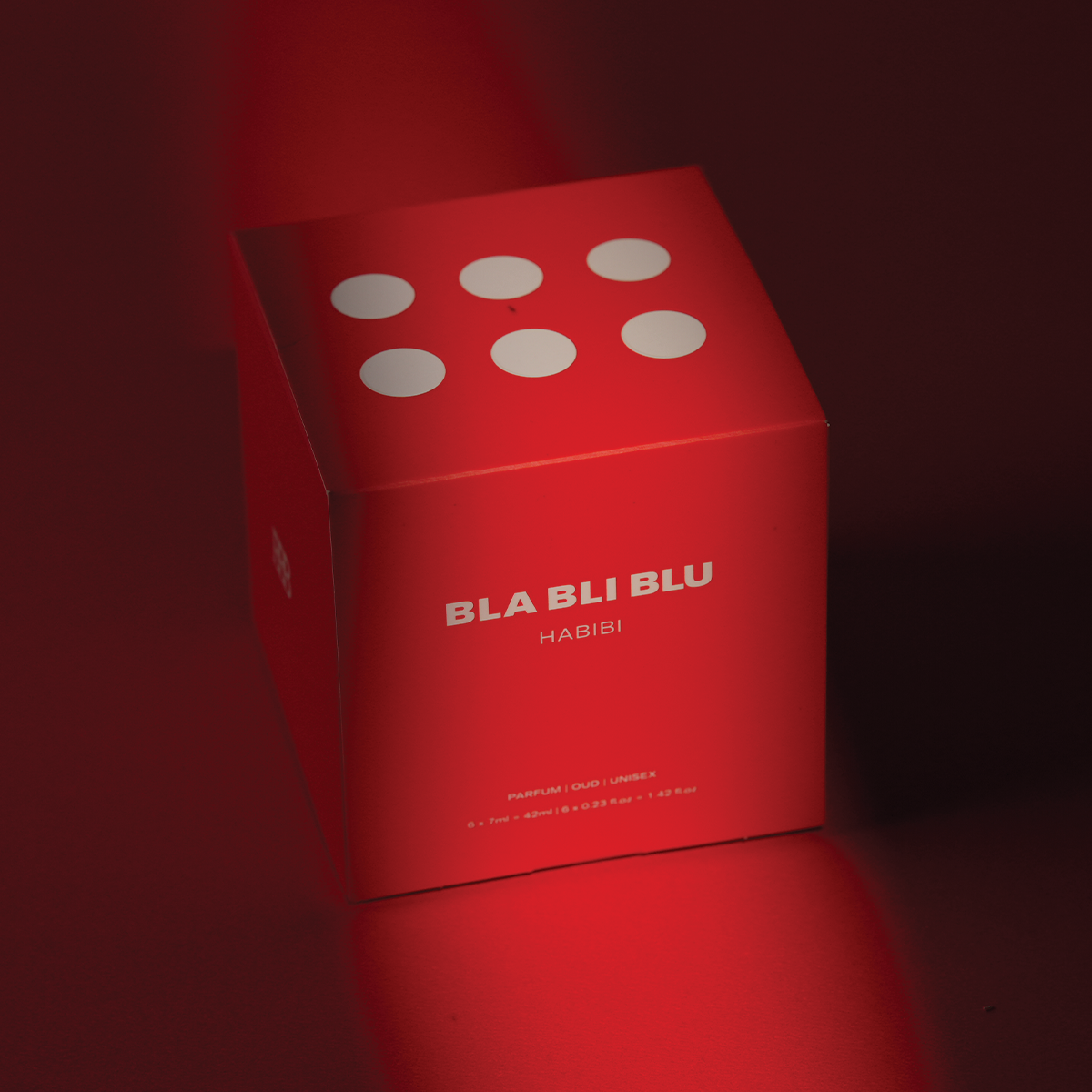 Red box with white dots and 'BLA BLI BLU' branding on a dark background