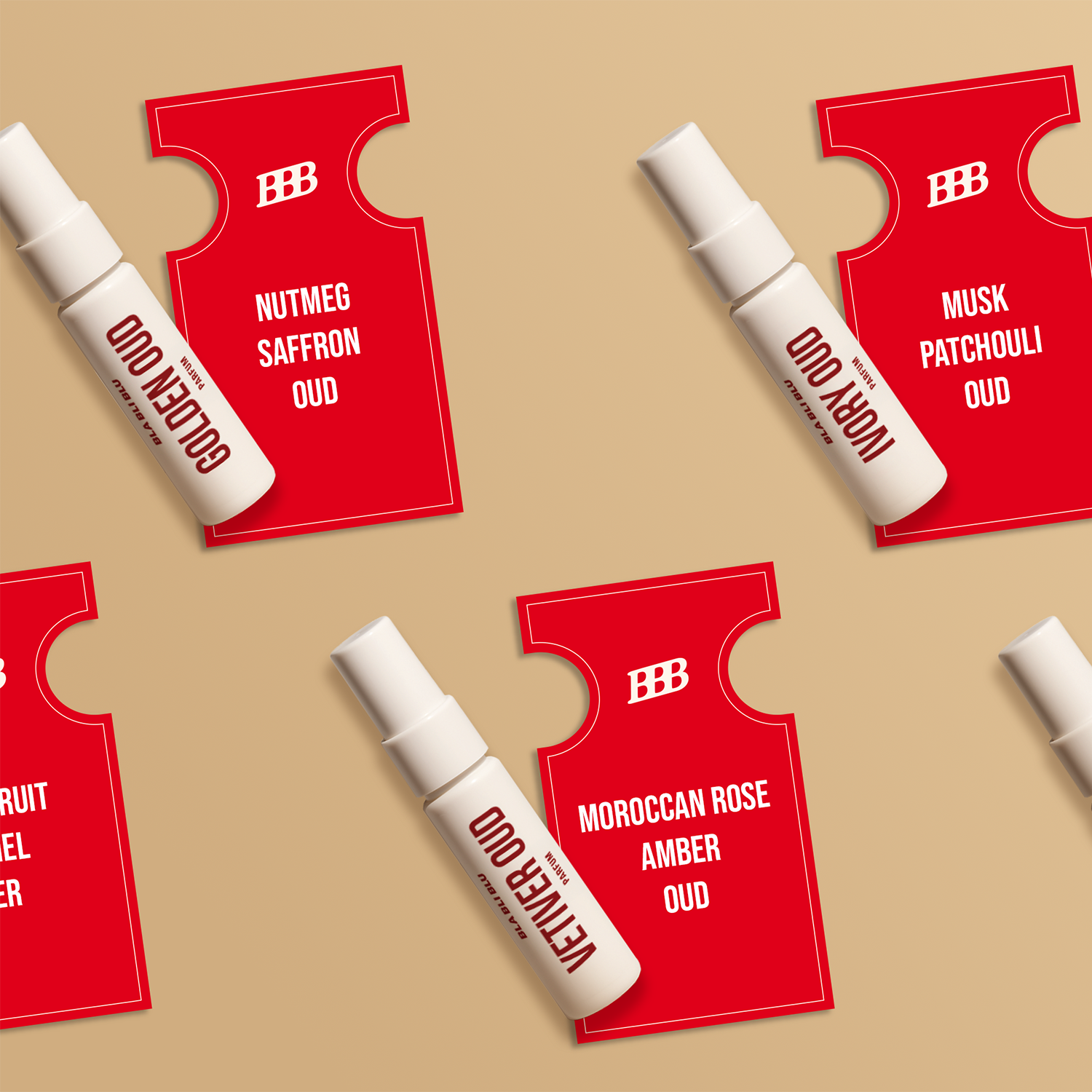 White spray bottles with red labels on a beige background