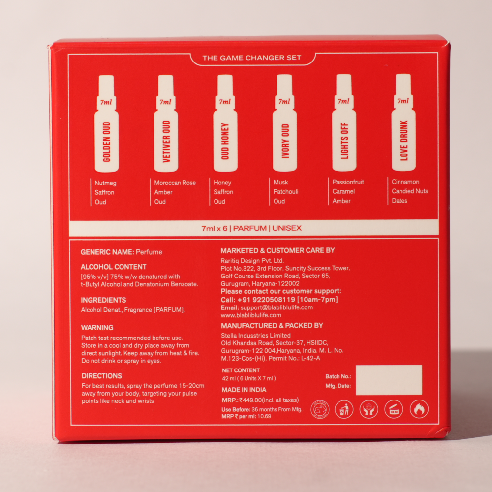 Red box packaging for a perfume set with product names and details.