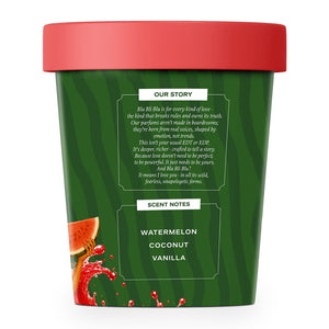 A watermelon-themed scented candle in a cylindrical green container with a red lid. 