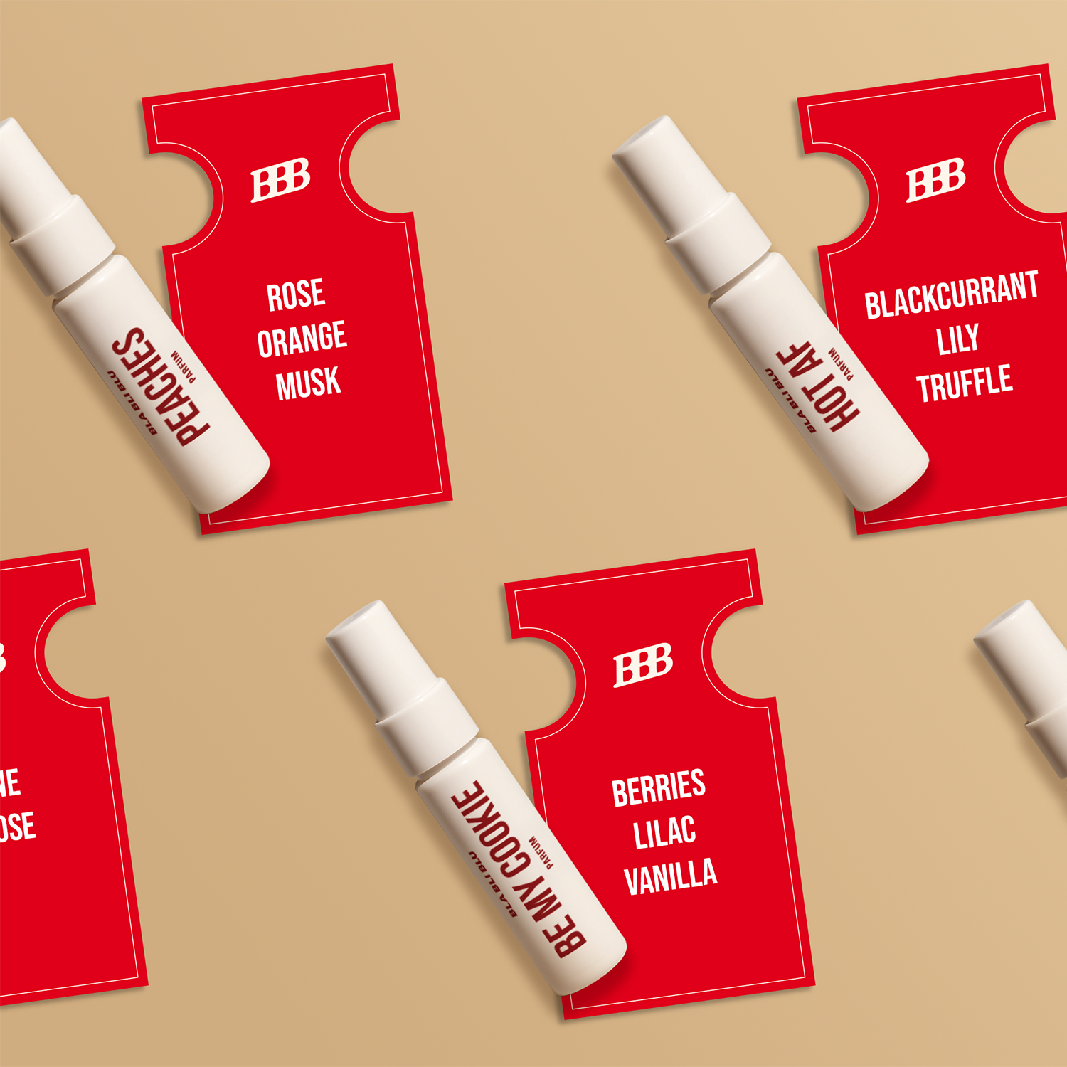 White spray bottles with red labels on a beige background
