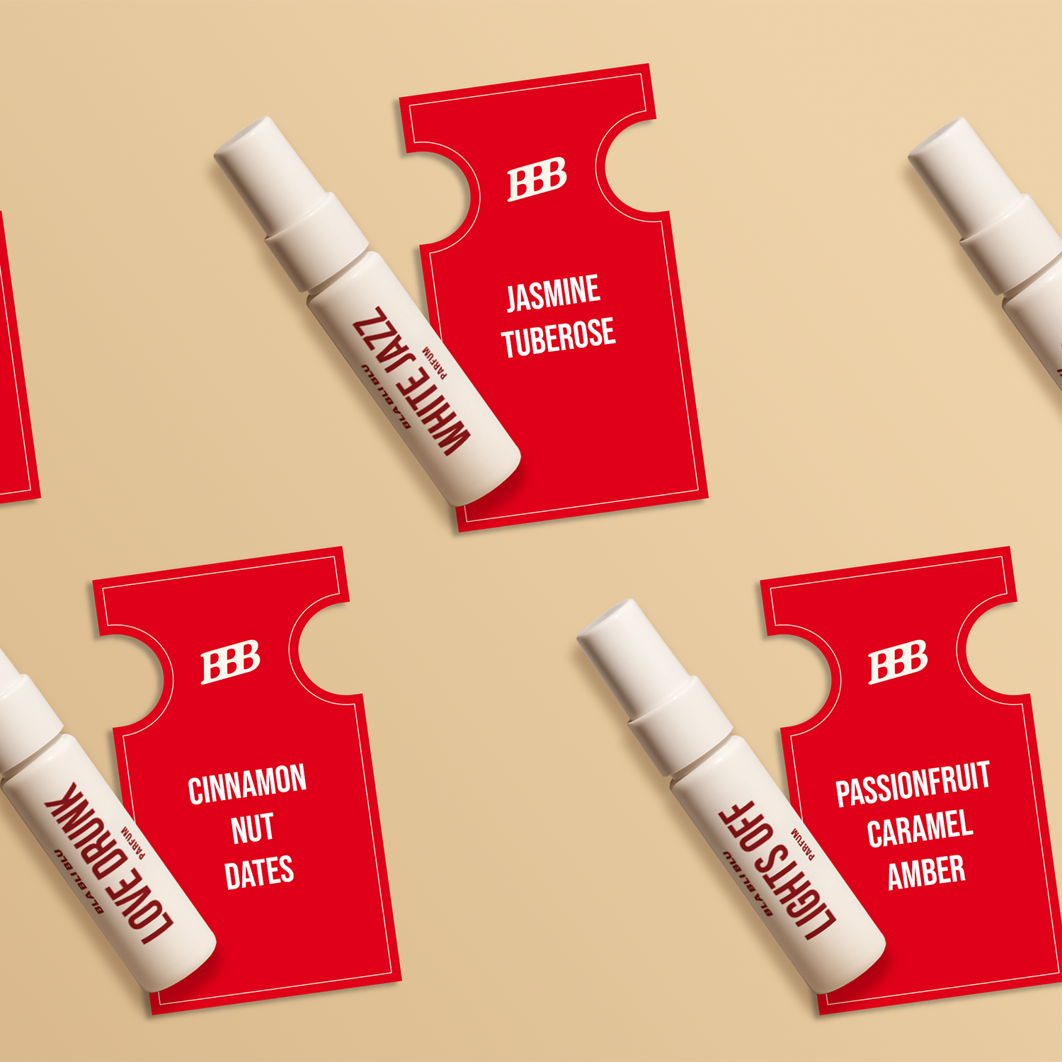 Red perfume bottles with white caps on a beige background