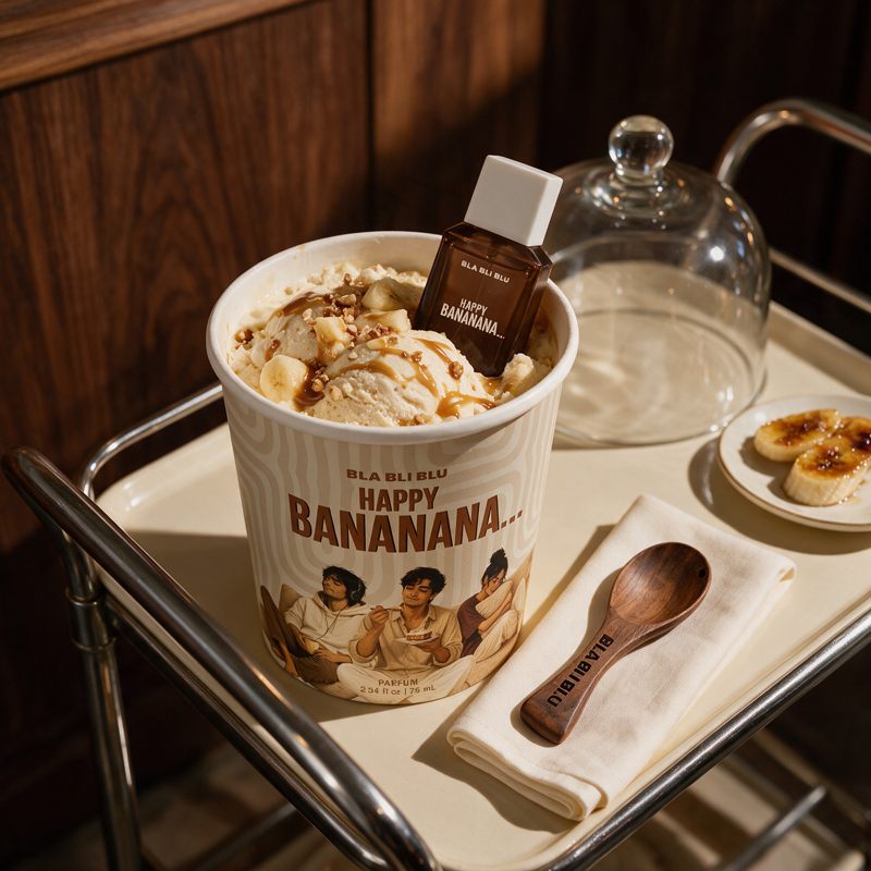 A cup of banana ice cream on a metal serving cart, topped with banana slices, drizzled syrup, and a small branded chocolate garnish. 
