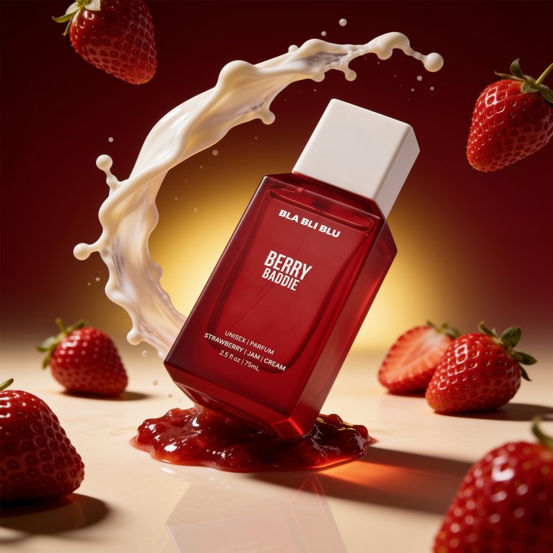 A bottle of BLA BLI BLU Berry Baddie unscented facial cream, styled with a milk splash.