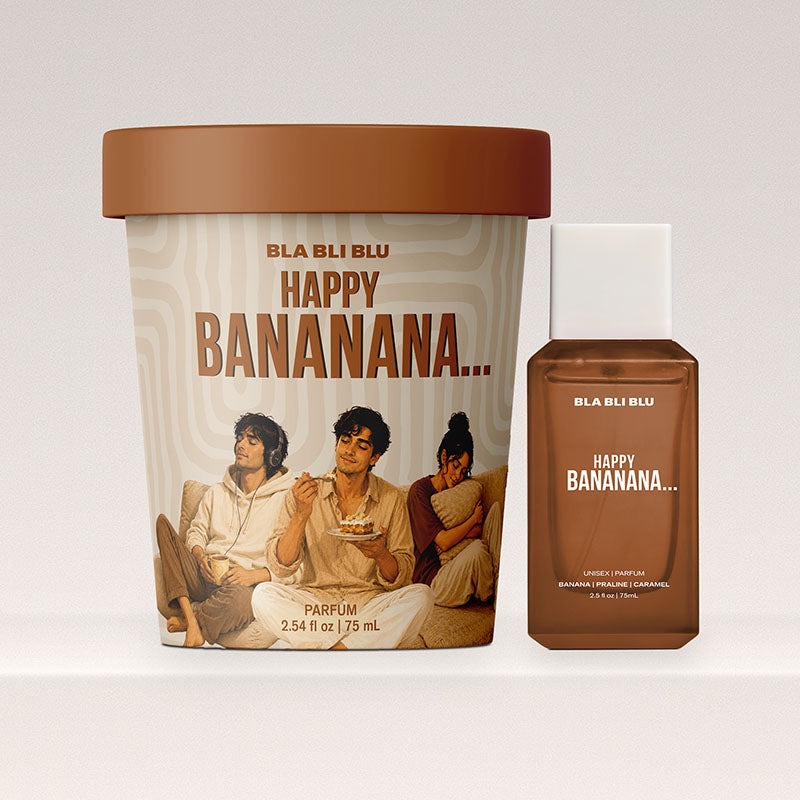 A perfume set from BLA BLI BLU featuring a large ice cream-style tub and a matching rectangular bottle, both labeled Happy Bananana.