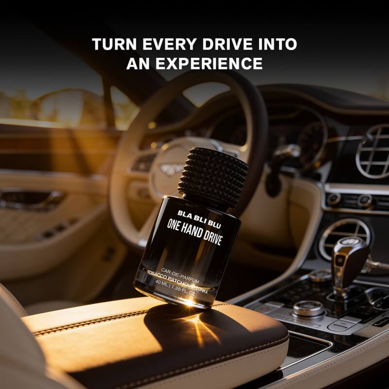 One Hand Drive luxury car perfume bottle on a leather armrest inside a premium vehicle
