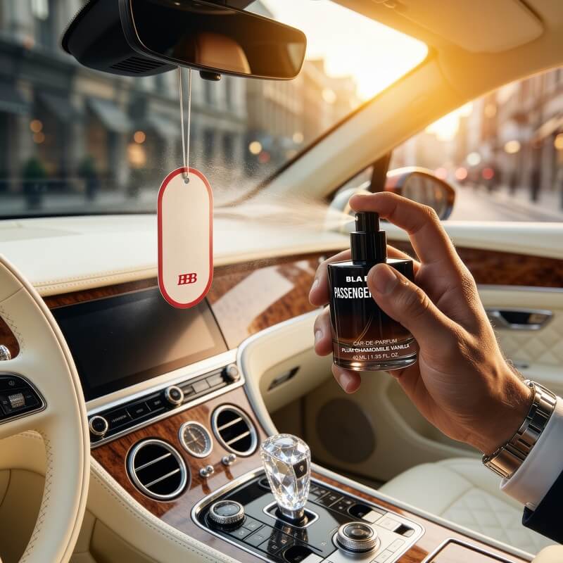 Spraying Bla Bli Blu Passenger Princess luxury car perfume onto a hanging diffuser tag