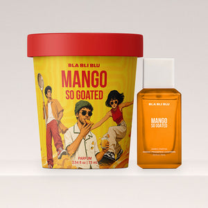 A perfume set from BLA BLI BLU featuring a large yellow tub with a red lid labeled 'MANGO SO GOATED.