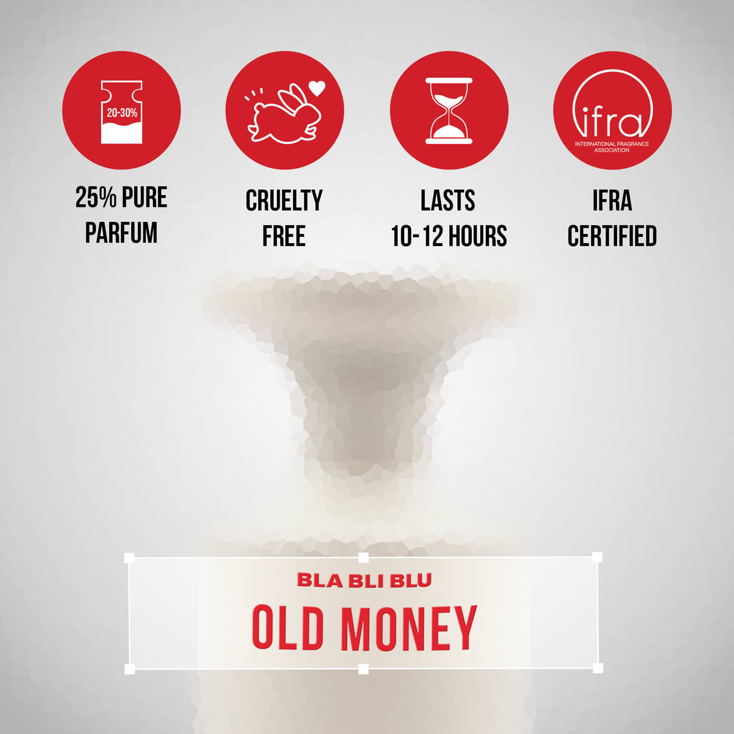 Product packaging with 'Old Money' branding and certification icons on a gray background