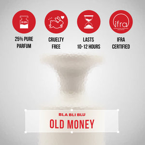 Product packaging with 'Old Money' branding and certification icons on a gray background