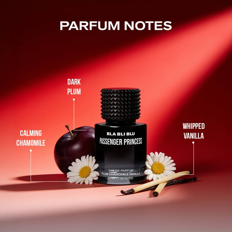 Passenger Princess luxury car perfume bottle showing parfum notes