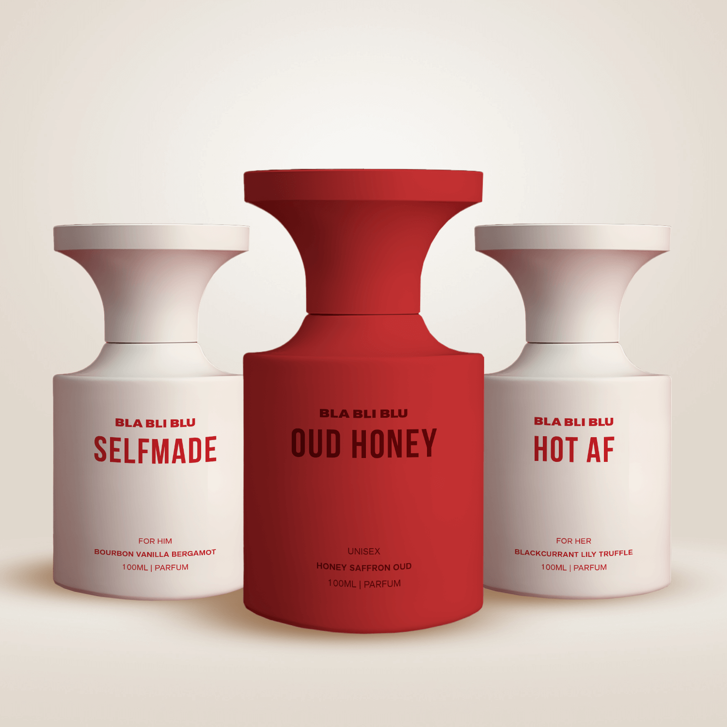 Three perfume bottles with red and white design on a beige background