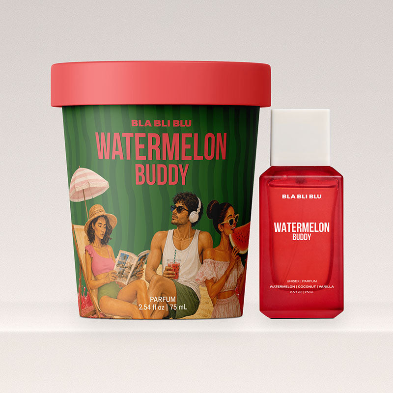 A perfume set from Bla Bli Blu featuring a large green watermelon-themed tub with a red lid and a smaller red rectangular bottle